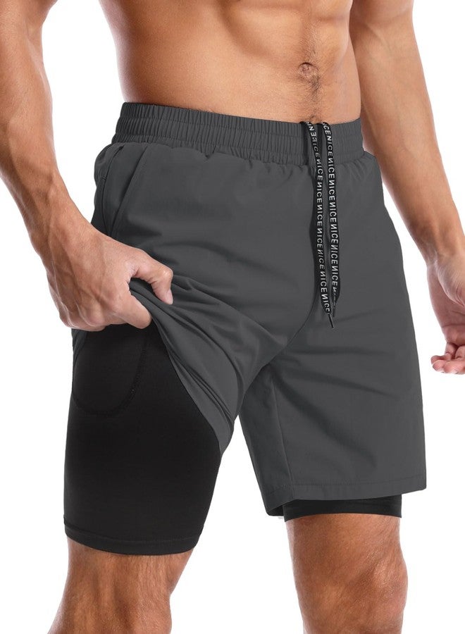 Aolesy Men’s 2 in 1 Running Shorts 7 Inch Quick Dry Workout Gym Shorts with Pockets Tennis Training Athletic Shorts with Liner for Men Dark Grey - Image 1